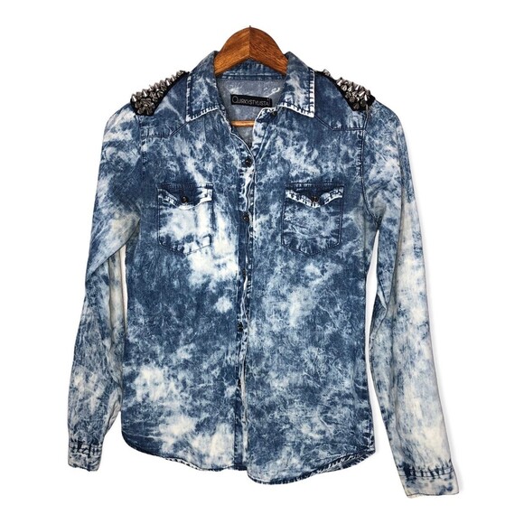 Blue Acid Wash Button Down Long Sleeve Denim Shirt - Picture 1 of 6